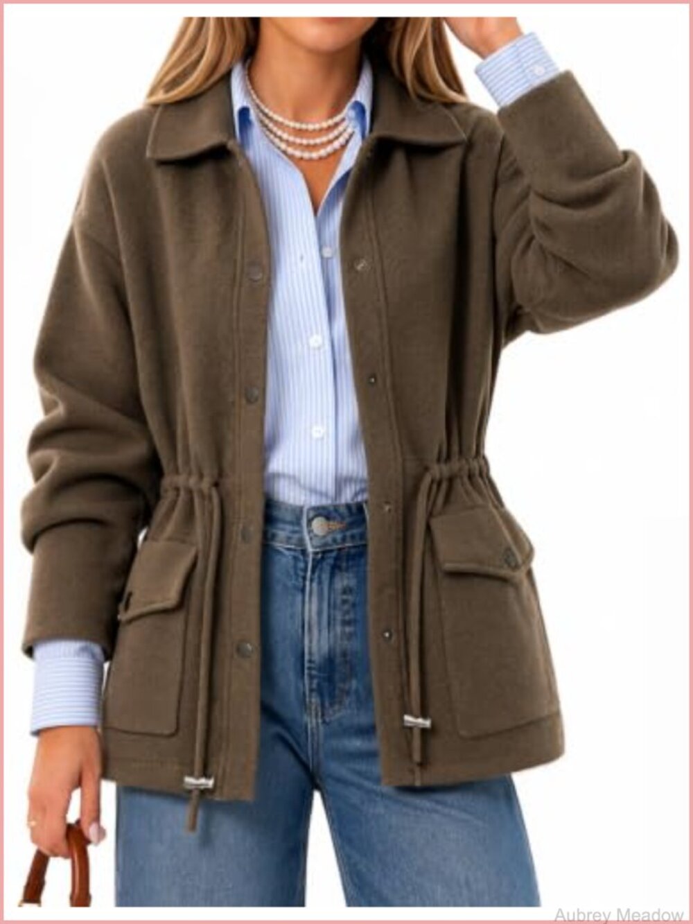 Collared Drawstring Waist Cardigan Sweater Jacket Button Front Knit